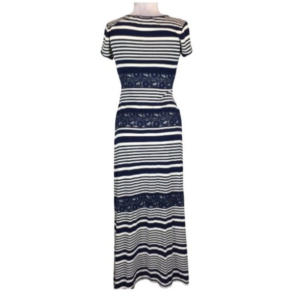 Nurture Striped Maxi Dress With Lace Insets Size L Short Sleeve Scoop Neck - Picture 2 of 6
